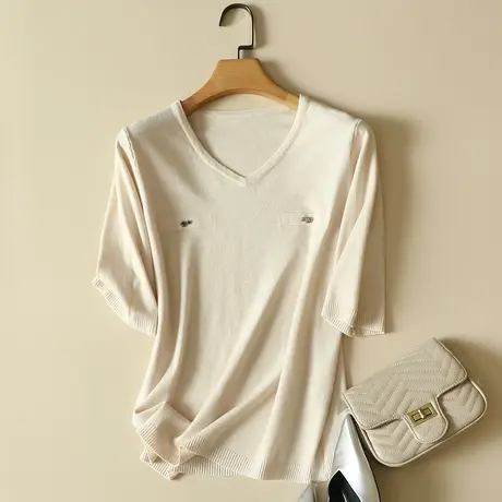 早秋2022新款针织衫女中袖宽松外穿毛衣韩版半袖打底上衣洋气薄款商品大图