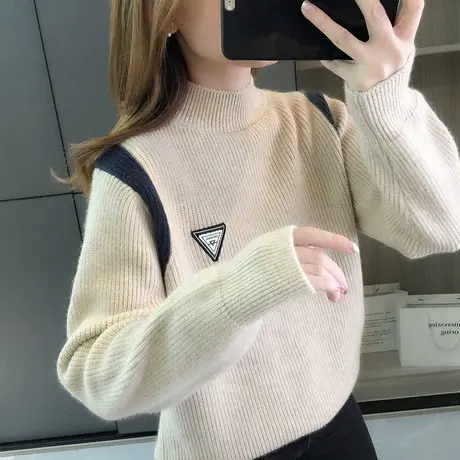 秋冬季新款打底衫加厚女半高领毛衣宽松慵懒风套头针织衫洋气上衣图片