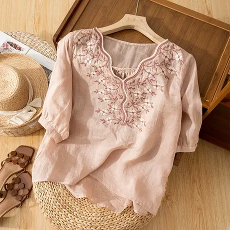 享永子中袖苎麻上衣女夏刺绣宽松设计感小众棉麻衬衫小衫2023新款商品大图