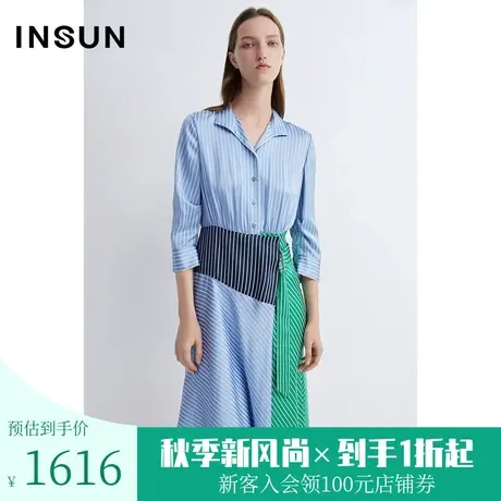 恩裳商场同款春时尚条纹错位拼接立体感不规则下摆连衣裙图片