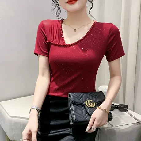 欧货网纱拼接短袖T恤女夏天性感V领修身上衣时尚钉珠小衫洋气丅恤图片