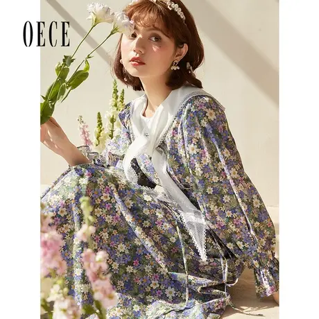 【买1送1】Oece早春碎花连衣裙女装复古气质中长款法式淑女裙图片