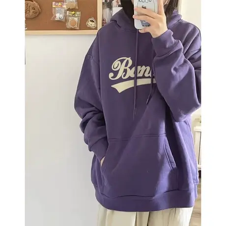 紫色加绒卫衣女秋冬款宽松潮牌oversize落肩美式重磅复古连帽外套图片