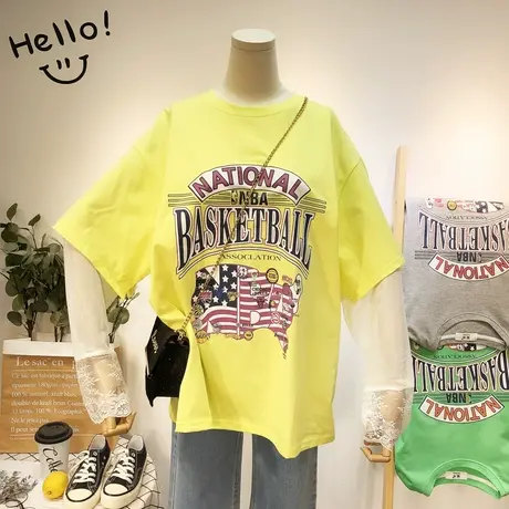 2020夏季新款韩国东大门ins潮复古字母宽松蕾丝袖休闲防晒T恤大码商品大图