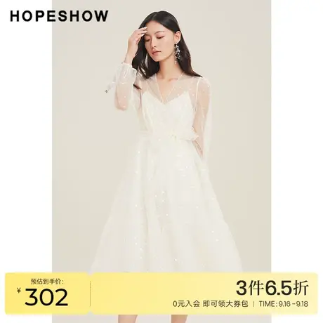红袖outlets蝴蝶结波点网纱裙hopeshow春季新款女装收腰V领连衣裙图片
