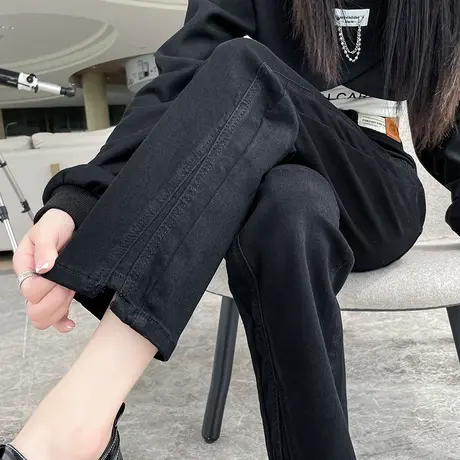 开叉黑色九分直筒牛仔裤女加绒秋冬新款高腰宽松显瘦小个子烟管裤商品大图