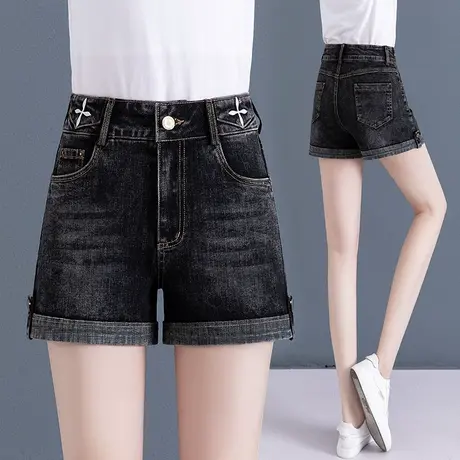高腰牛仔短裤女卷边2023夏季新款刺绣宽松显瘦阔腿薄款大码热裤图片