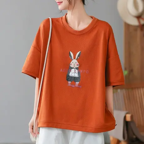 dza复古纯色全棉T恤女2023夏季薄款短袖打底体恤宽松显瘦套头上衣商品大图