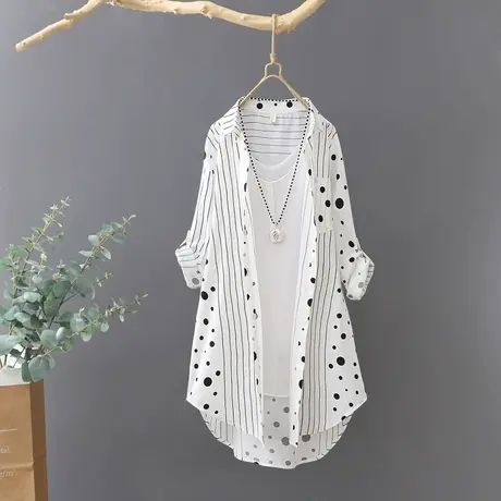 2023春夏新款中长款印花条纹波点长袖衬衫女宽松纯棉防晒外套衬衣商品大图