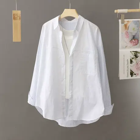 休闲条纹拼接白色衬衫女宽松中长款春秋季2023新款外搭衬衣外套潮图片