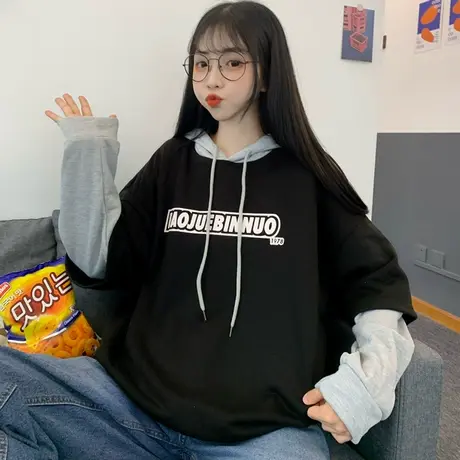 vetiver假两件连帽卫衣女春秋薄款宽松韩版潮ins上衣bf慵懒风外套图片