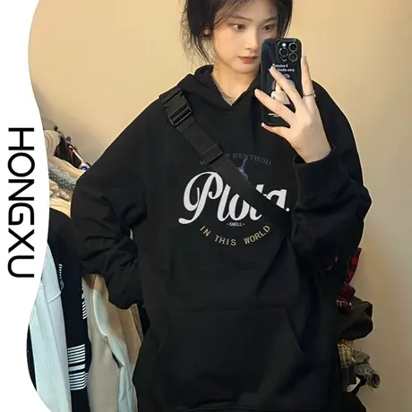 红续美式秋冬复古黑色简约印花卫衣女2023冬季加厚显瘦连帽上衣潮商品大图