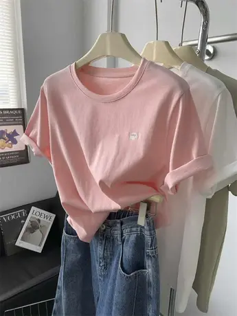 美式棒球帽刺绣T恤女夏季新款宽松休闲时髦百搭圆领套头短袖上衣商品大图