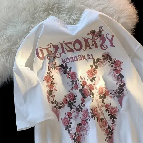 2022新款玫瑰设计感遮肚短袖t恤女夏hiphop嘻哈潮ins大码纯棉上衣图片