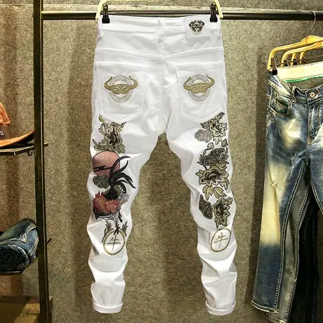 秋季大牌高档灯芯绒白色牛仔裤男潮牌修身小脚裤子弹力刺绣直筒裤商品大图