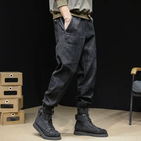 高端弹力牛仔裤男秋冬束脚潮牌多口袋工装裤子男黑色2023新款大码商品大图