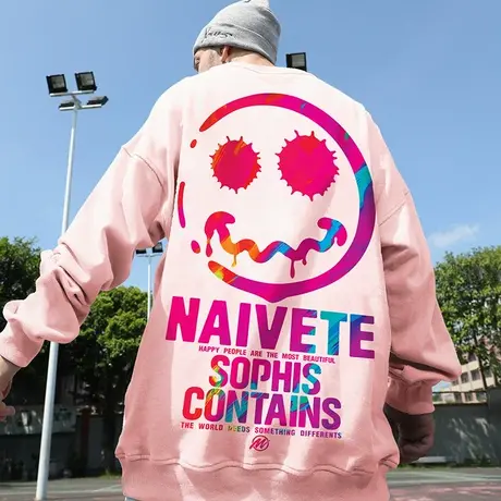 粉色小恶魔卫衣潮牌加绒宽松鬼脸套头情侣笑脸胖子男装大码秋冬季商品大图