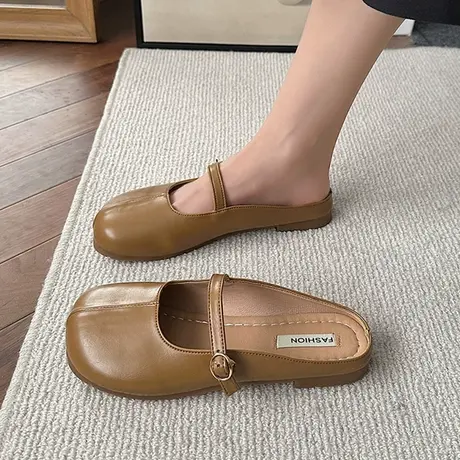 法式ins包头半拖鞋女夏外穿2023韩版圆头软皮平底温柔百搭奶奶鞋商品大图