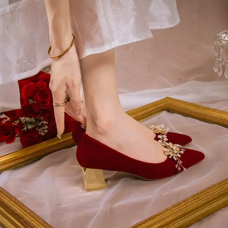 婚鞋女2023年新款中式秀禾婚纱两穿粗跟不累脚红色高跟结婚新娘鞋商品大图
