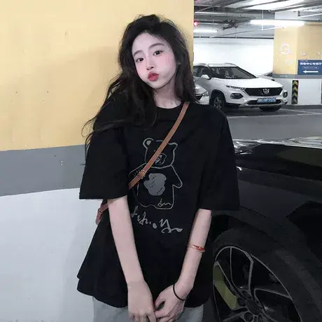 小熊T恤女装胖mm大码夏季新款宽松慵懒BF风设计感短袖上衣潮200斤商品大图