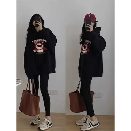 连帽卫衣加绒加厚女春秋季小熊印花宽松中长款胖mm大码上衣200斤商品大图