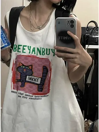 美式复古纯棉吊带运动坎肩背心无袖t恤女夏季外穿宽松篮球服上衣商品大图