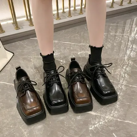 复古方头小皮鞋女2024年春秋季新款英伦风厚底单鞋时尚粗跟乐福鞋图片