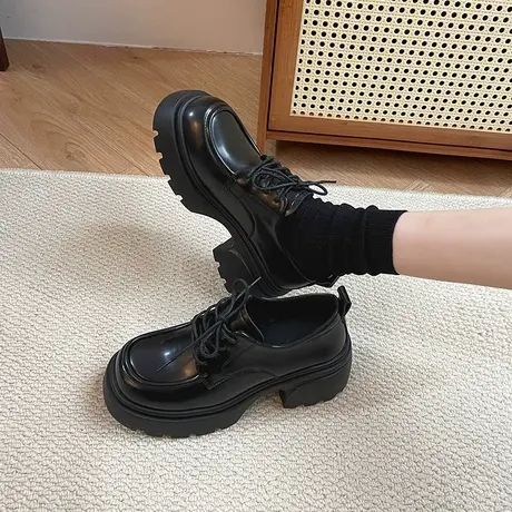 鞋子女2023新款爆款秋冬季单鞋英伦风小皮鞋女厚底黑色百搭乐福鞋商品大图