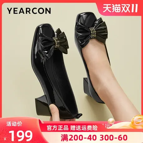 意尔康女鞋2023秋季新款真皮漆皮高跟鞋女方头蝴蝶结粗跟单鞋中跟商品大图