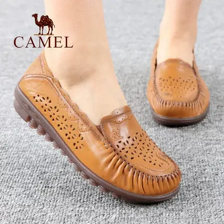 Camel/骆驼女鞋夏季真牛皮网眼孔透气柔软底舒适休闲妈妈单凉鞋子图片