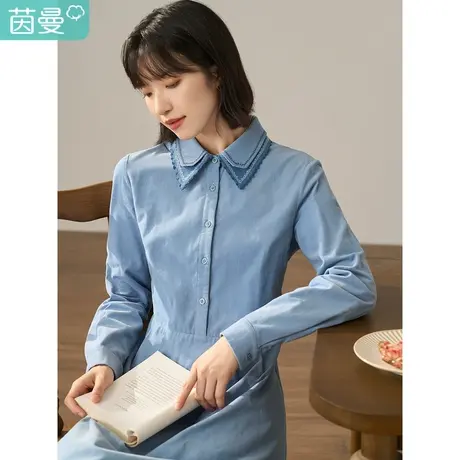 【商场同款】茵曼2022冬女装新款优雅双层领绣花收褶灯笼袖连衣裙商品大图