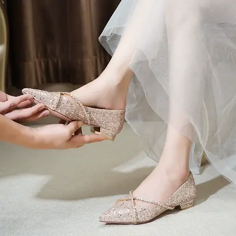 订婚鞋女平底秀禾主婚纱两穿水晶新娘鞋孕妇低跟不累脚小众高级感商品大图
