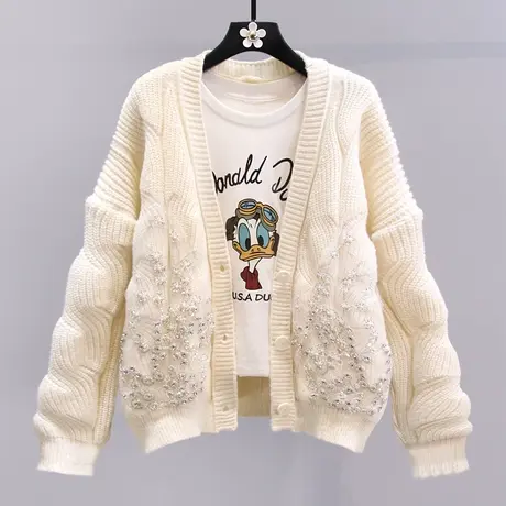 日系温柔风钉珠V领毛衣外套女秋冬2023新款宽松时尚洋气针织开衫商品大图