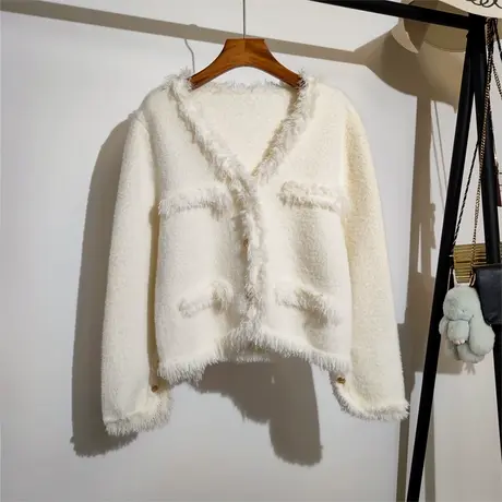 小香风毛衣开衫女秋冬新款韩版宽松v领仿水貂绒针织上衣短款外套商品大图