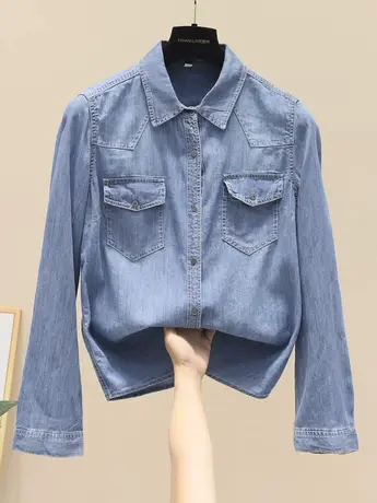 2023春季新款复古港味宽松显瘦牛仔衬衫舒适亲肤休闲polo领衬衣女商品大图