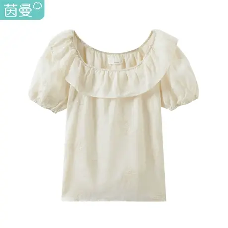 【商场同款】茵曼荷叶边一字领绣花衬衣2023夏季女装新款短袖上衣图片