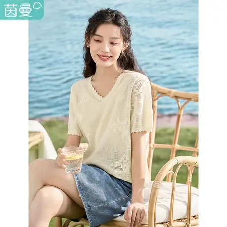 【商场同款】茵曼时尚慵懒针织衫2023夏女装新款镂空宽松V领上衣图片