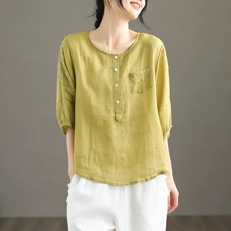 dza 苎麻上衣女夏季薄款短袖衬衫2022新款气质衬衣宽松七分袖女装商品大图
