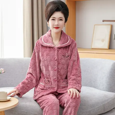 法兰绒冬季睡衣女士中老年妈妈加绒加厚夹棉家居服套装珊瑚绒新款图片