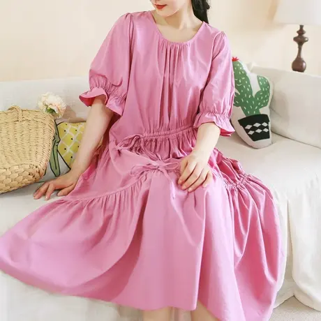 胖妹妹夏季2023新品抽绳设计显瘦连衣裙 加大码圆领短袖宽松长裙商品大图