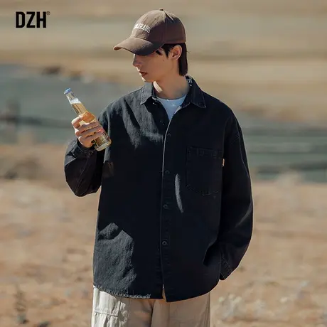 男士黑色牛仔衬衫外套男春秋设计感高级痞帅男装长袖上衣休闲衬衣商品大图