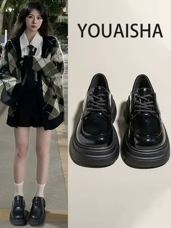 英伦风复古百搭厚底两穿小皮鞋女2023新款春秋日系粗跟黑色乐福鞋商品大图