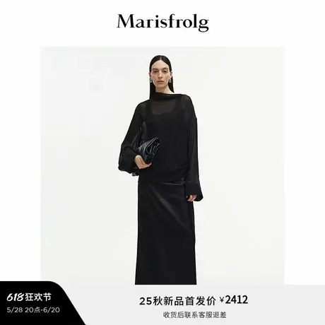 Marisfrolg玛丝菲尔2025秋新款黑色微阔肩真丝衬衫不对称褶皱上衣图片