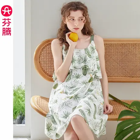 芬腾女士睡裙夏季纯棉薄款吊带睡衣裙清新透气休闲大码家居服中裙图片