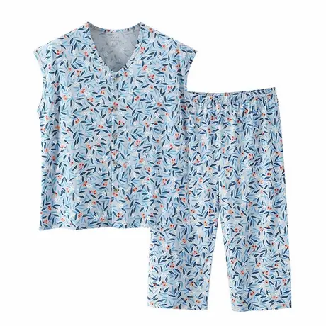 妈妈睡衣睡裤女纯棉无袖大码中老年家居服套装可外穿开衫内衣夏季图片