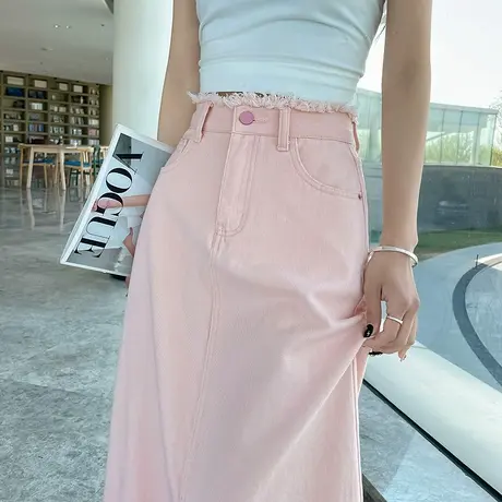 高腰粉色牛仔半身裙女2025年夏季新款显瘦百搭小个子中长a字裙潮图片