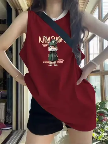 纯棉吊带坎肩背心无袖t恤女夏设计感小众外穿宽松篮球服挂脖上衣图片