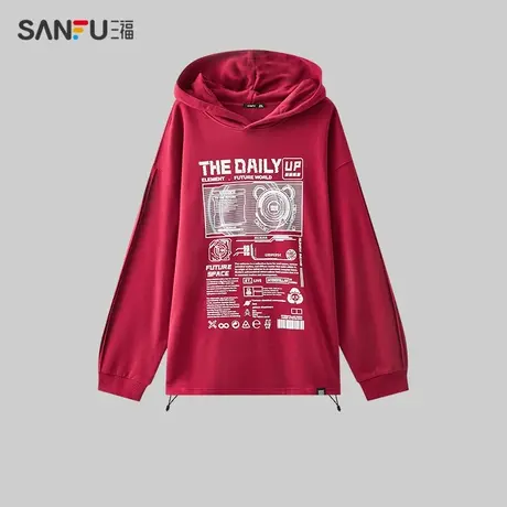 三福2023冬男士熊猫印花中性色卫衣 宽松连帽纯棉上衣男476250商品大图