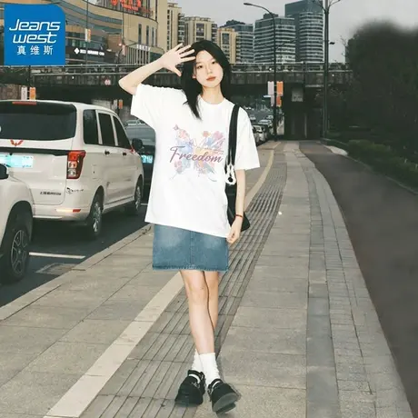 KHV真维斯白色短袖t恤女夏2025新款小个子慵懒风纯棉宽松正肩上衣商品大图