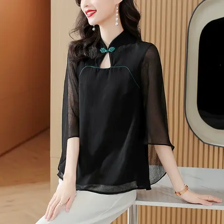 2023夏季新款雪纺衫女七分袖立领宽松遮肚子女上衣复古黑色衬衫女商品大图